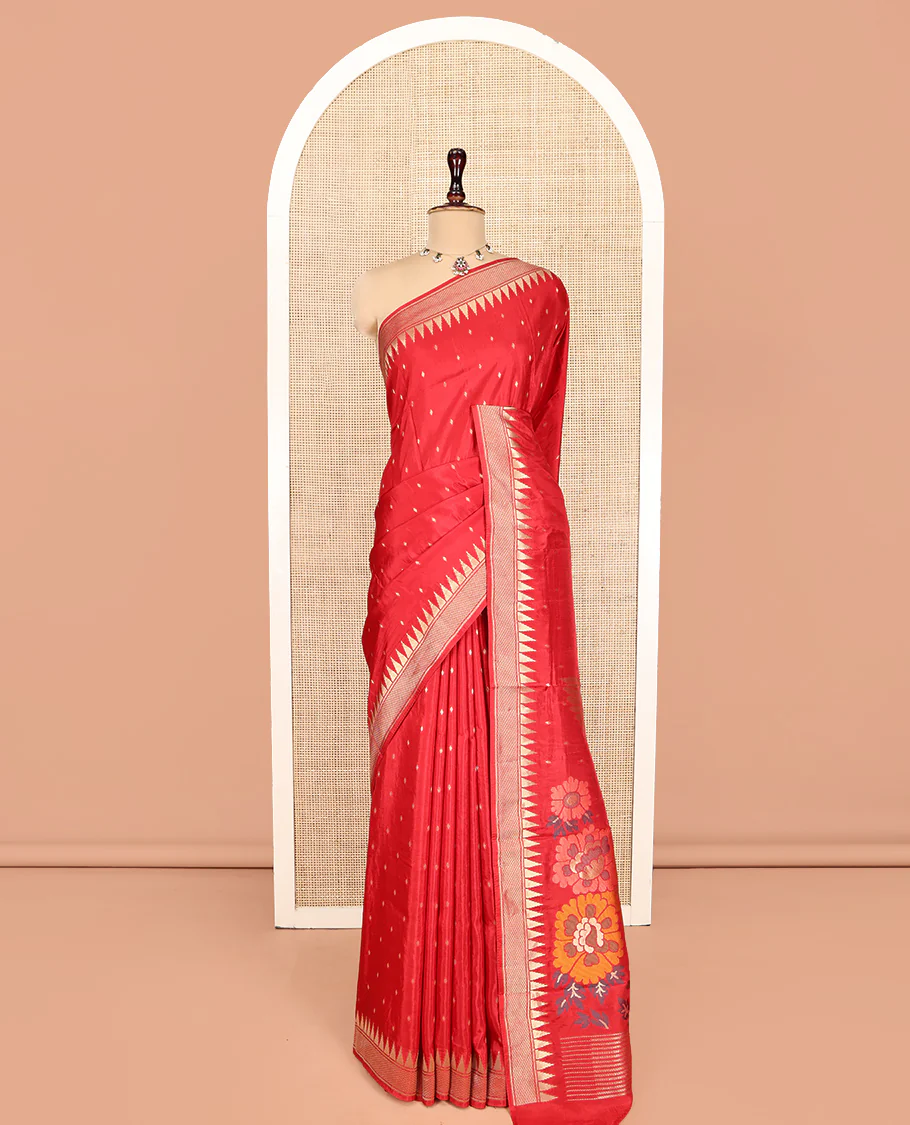 Red HO-Silk Saree, Elevated with Diamond Buttas All Over Its Body, Highlighted by Temple Border, Complemented by Pallu Depicting Floral and Crane Motifs, Paired with a Matching Blouse - Image 7