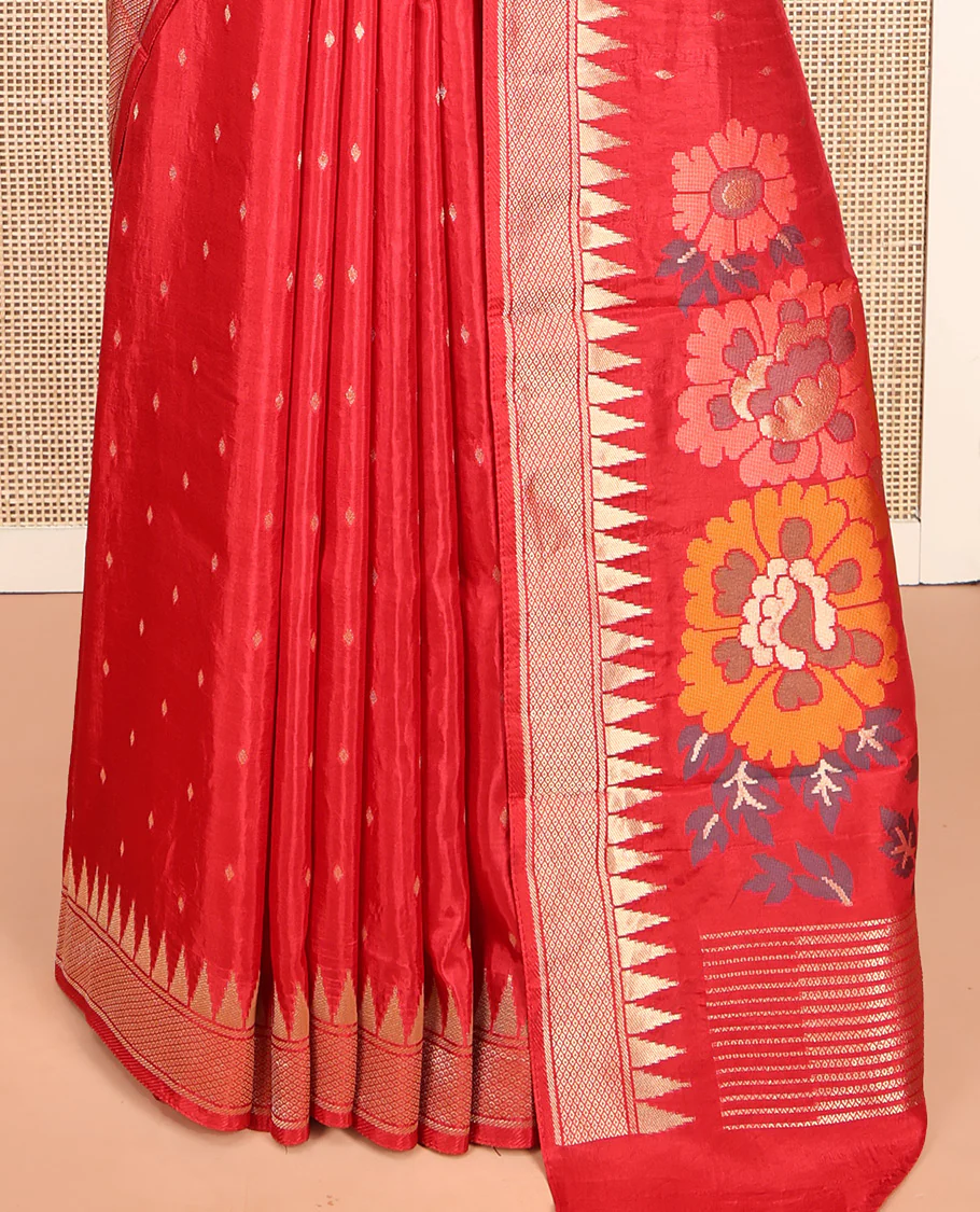 Red HO-Silk Saree, Elevated with Diamond Buttas All Over Its Body, Highlighted by Temple Border, Complemented by Pallu Depicting Floral and Crane Motifs, Paired with a Matching Blouse - Image 8