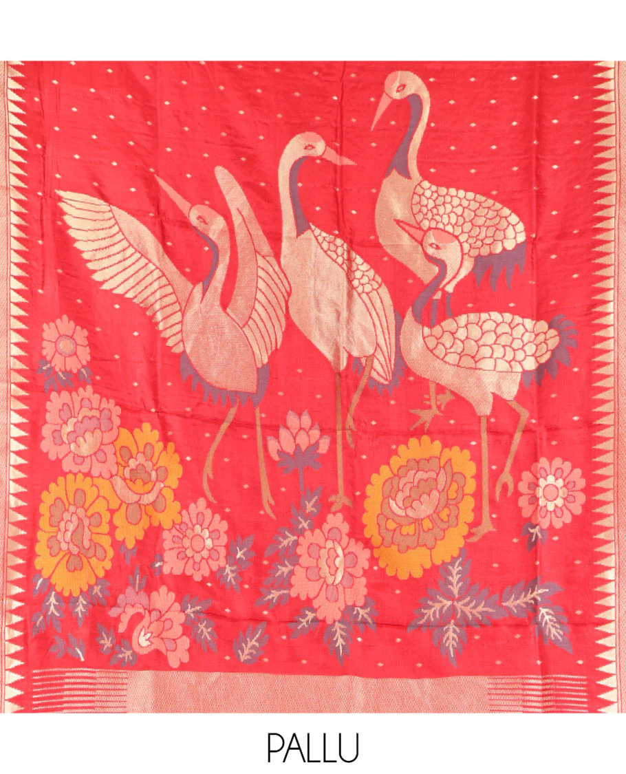 Red HO-Silk Saree, Elevated with Diamond Buttas All Over Its Body, Highlighted by Temple Border, Complemented by Pallu Depicting Floral and Crane Motifs, Paired with a Matching Blouse - Image 9