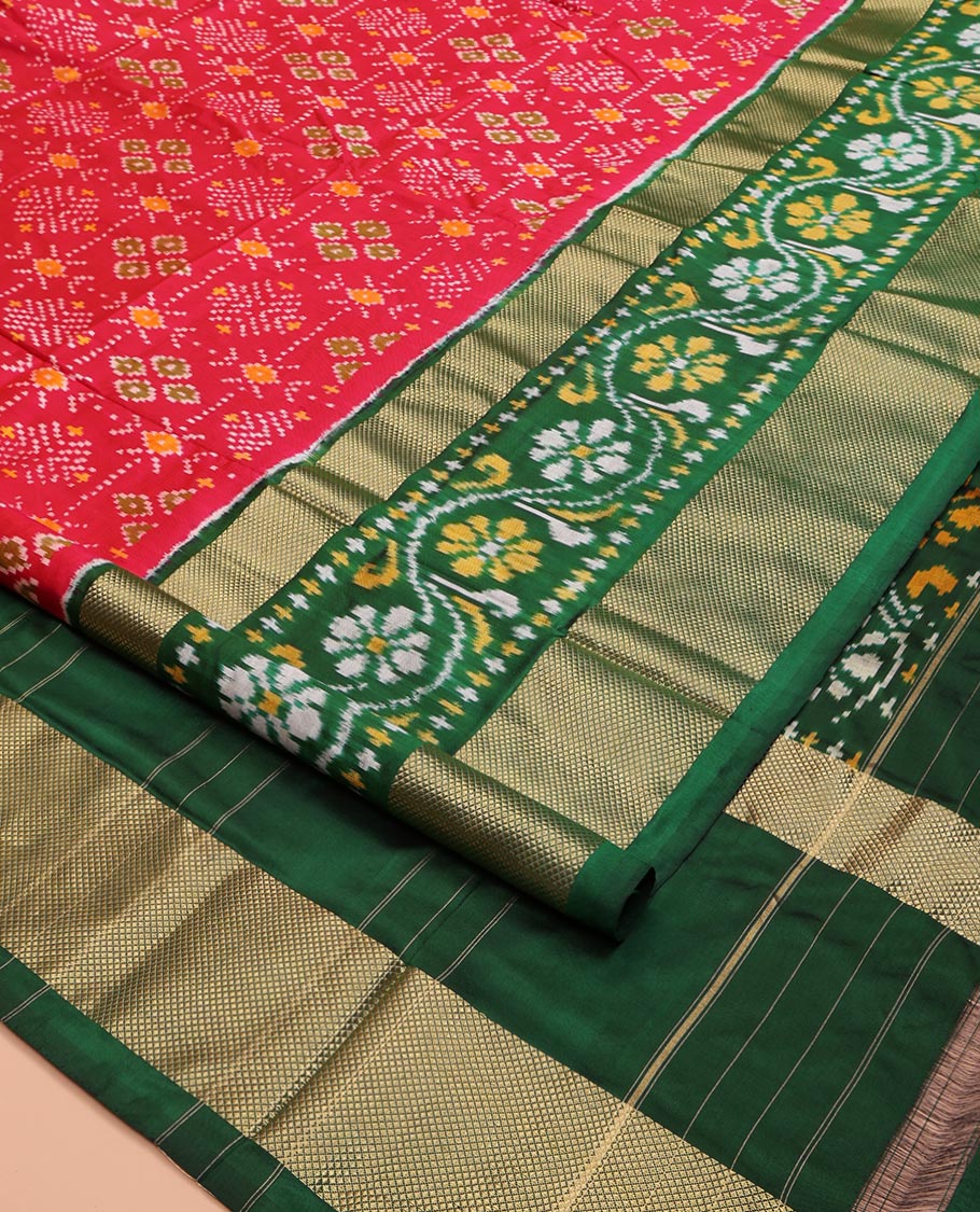 Red Ikkat Silk Saree, Ornamented with Ikkat Buttas Enclosed Checks All Over Its Body, Complemented by a Contrast Border of Floral Creeper Ikkat and Diamond Zari Designs, Pallu of Floral Creeper Designs, and Paired with a Matching Blouse - Image 2