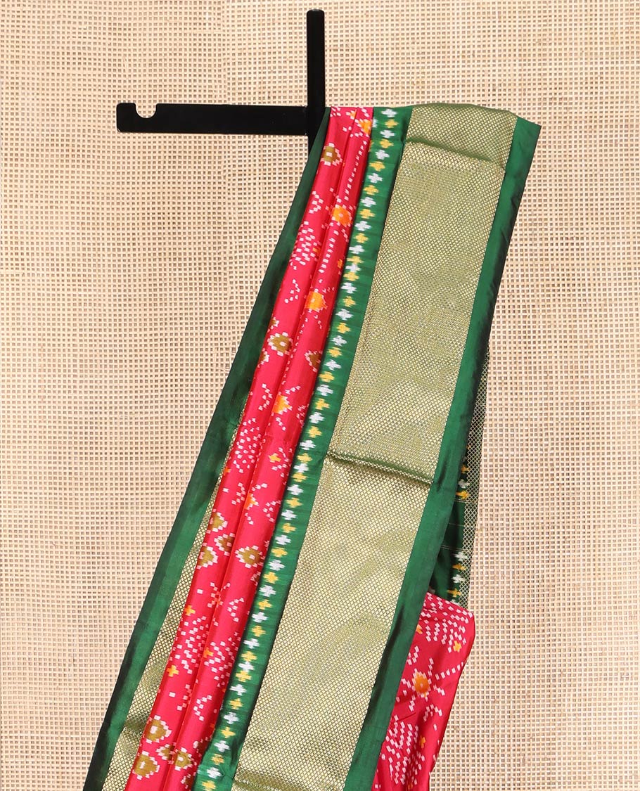 Red Ikkat Silk Saree, Ornamented with Ikkat Buttas Enclosed Checks All Over Its Body, Complemented by a Contrast Border of Floral Creeper Ikkat and Diamond Zari Designs, Pallu of Floral Creeper Designs, and Paired with a Matching Blouse - Image 3