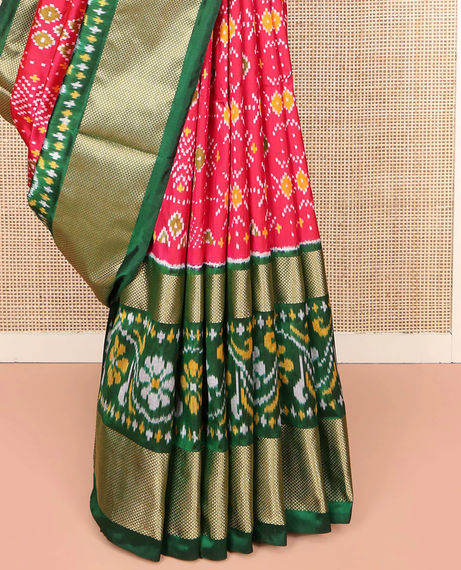 Red Ikkat Silk Saree, Ornamented with Ikkat Buttas Enclosed Checks All Over Its Body, Complemented by a Contrast Border of Floral Creeper Ikkat and Diamond Zari Designs, Pallu of Floral Creeper Designs, and Paired with a Matching Blouse - Image 4