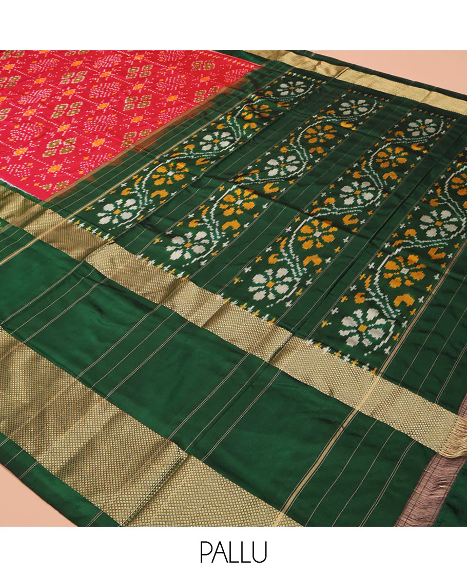 Red Ikkat Silk Saree, Ornamented with Ikkat Buttas Enclosed Checks All Over Its Body, Complemented by a Contrast Border of Floral Creeper Ikkat and Diamond Zari Designs, Pallu of Floral Creeper Designs, and Paired with a Matching Blouse - Image 5