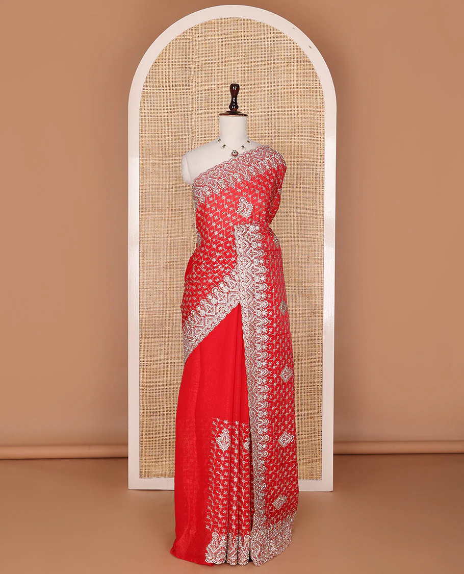 Red jaal, and intricate thread embroidered designer saree, scallop intricate embroidered border - Image 2