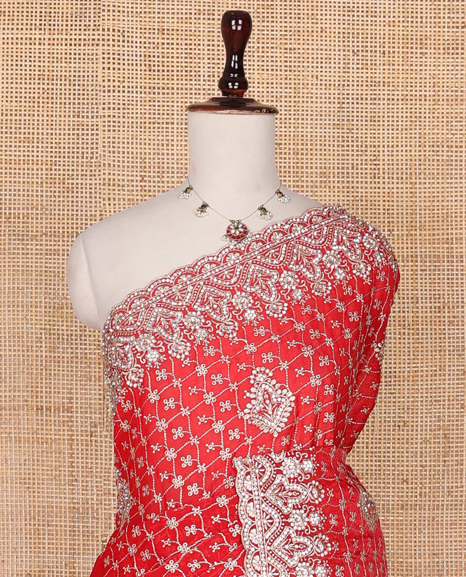 Red jaal, and intricate thread embroidered designer saree, scallop intricate embroidered border - Image 3