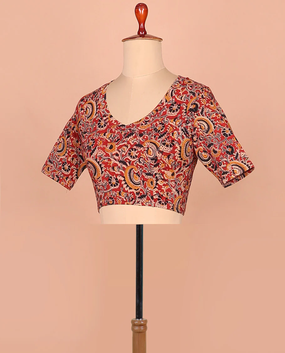 Red kalamkari floral vine printed leaf-neck elbow sleeve cotton readymade blouse
