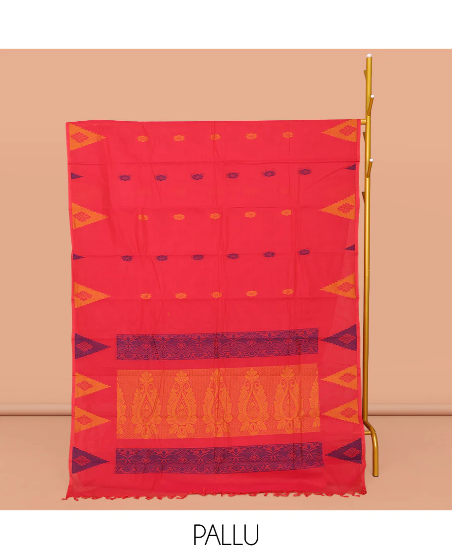 Red Kanchi Cotton Saree, Adorned with Buttas All Over Its Body, Subtle Thread Temple Border, Intricately Designed Pallu, and Paired with a Matching Blouse - Image 2