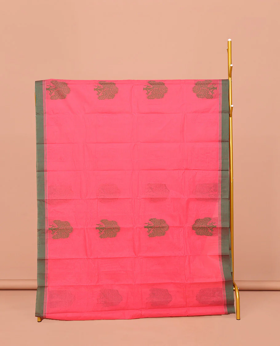 Red Kanchi Cotton Saree, Decked Up with Tree Motifs All Over Its Body, Complemented by Contrast Border, Pallu of Stripes and Flower-vase Motifs , and Paired with a Matching Blouse
