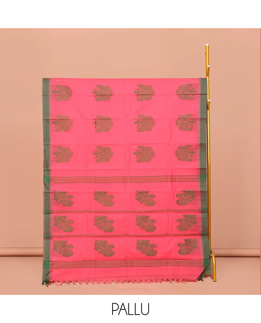 Red Kanchi Cotton Saree, Decked Up with Tree Motifs All Over Its Body, Complemented by Contrast Border, Pallu of Stripes and Flower-vase Motifs , and Paired with a Matching Blouse - Image 2