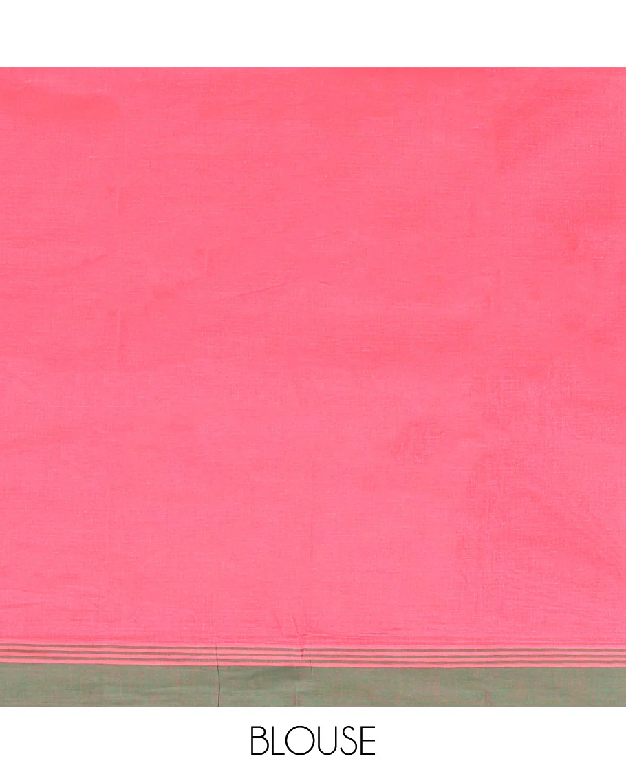 Red Kanchi Cotton Saree, Decked Up with Tree Motifs All Over Its Body, Complemented by Contrast Border, Pallu of Stripes and Flower-vase Motifs , and Paired with a Matching Blouse - Image 3