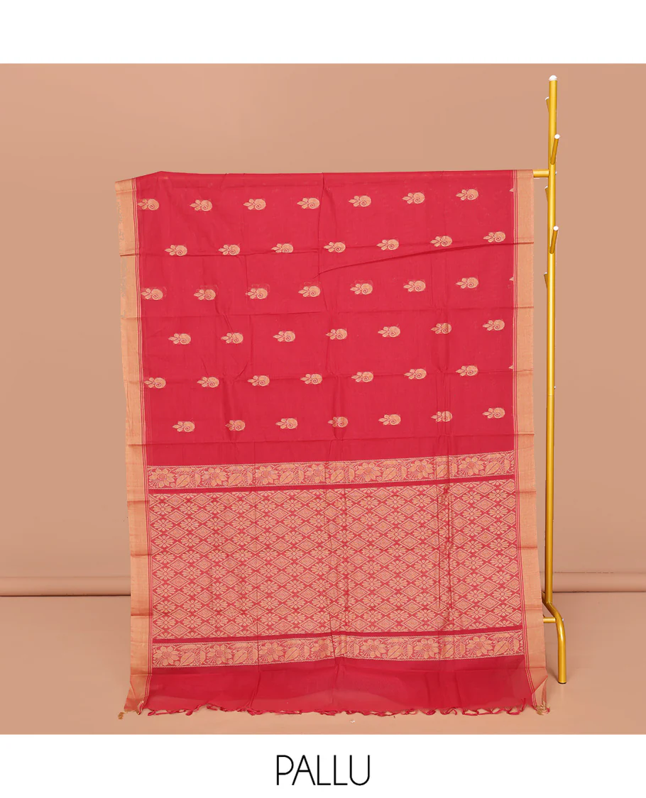 Red Kanchi Cotton Saree, Embellished with Buttas All Over Its Body, Highlighted by a Contrast Border, Pallu of Floral And Diamond Designs, and Paired with a Matching Blouse - Image 2