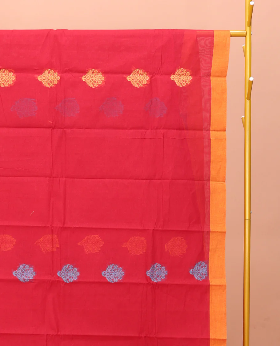 Red Kanchi Cotton Saree Features Buttas on Its Body, Complemented by a Contrast Border, Floral-Geometric Design Pallu, and a Matching Blouse - Image 2