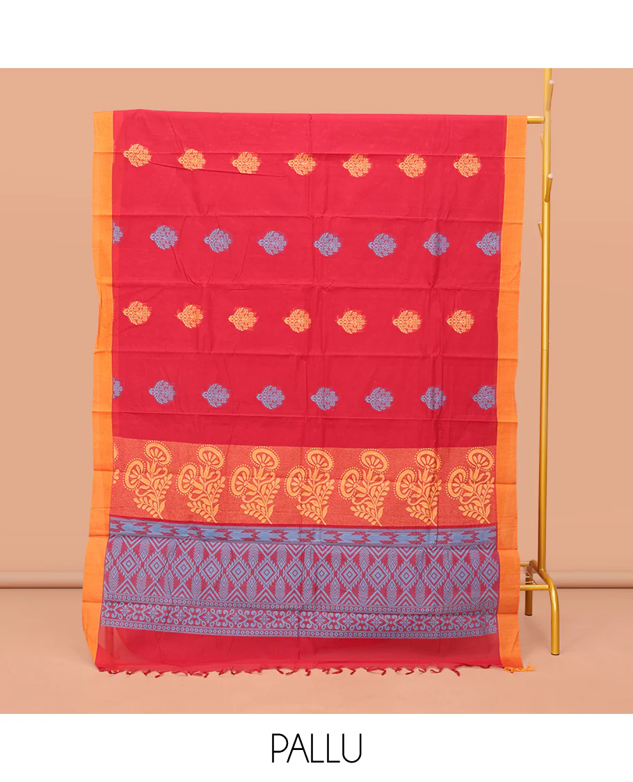 Red Kanchi Cotton Saree Features Buttas on Its Body, Complemented by a Contrast Border, Floral-Geometric Design Pallu, and a Matching Blouse - Image 3