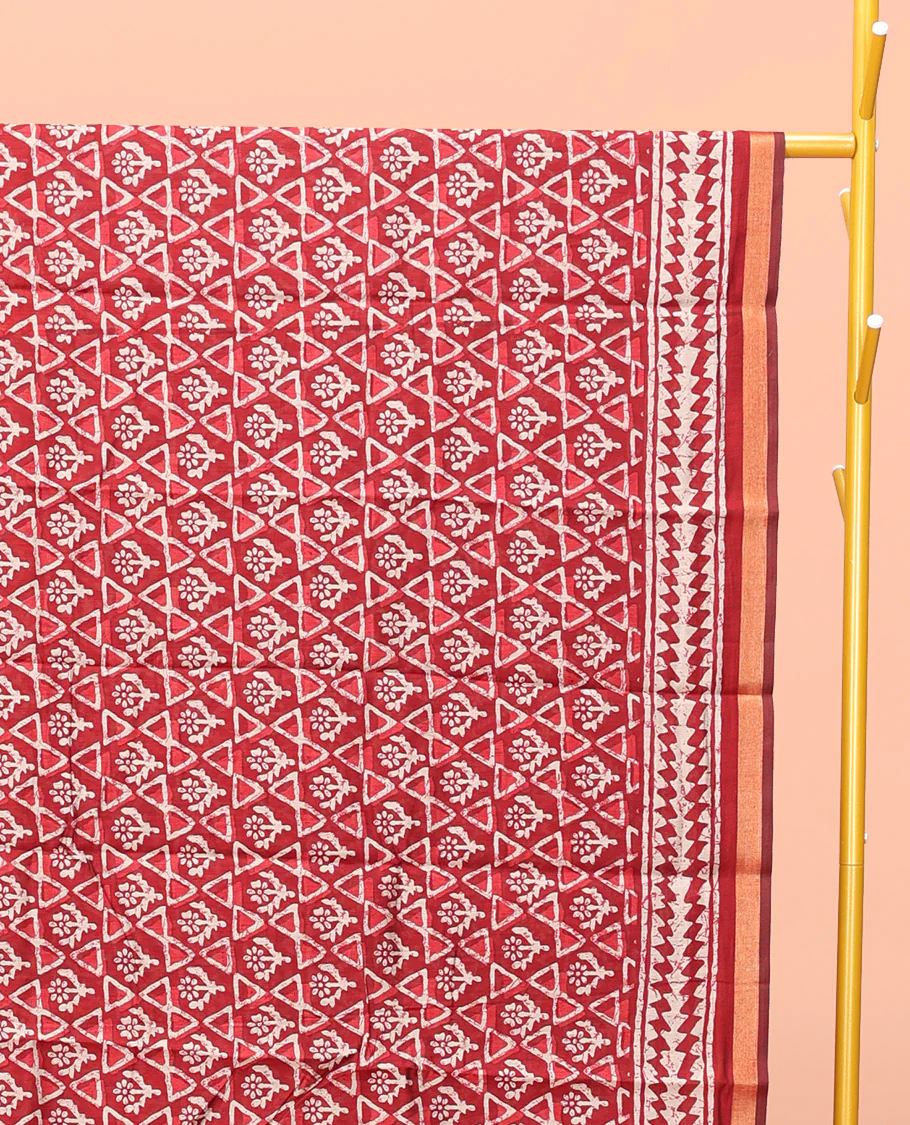 Red Kanchi Cotton Saree, Featuring Floral and Triangle Print All Over Its Body, a Subtle Border, Pallu of Floral Vine and Triangle Print, and Paired with a Contrast Blouse - Image 2