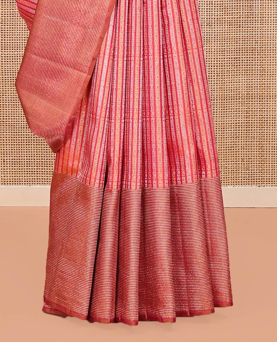 Red Kanchipuram Designer Silk Saree, Boldly Accentuated with Jacquard Design All Over Its Body, Gleaming Zari Striped Border, Pallu Steeped with Zari Stripes, and Paired with a Matching Blouse - Image 4