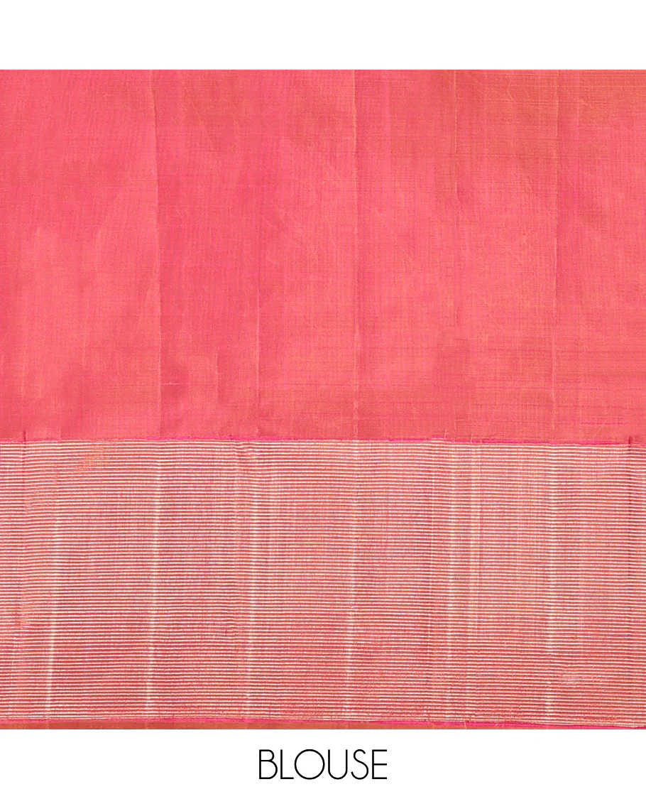 Red Kanchipuram Designer Silk Saree, Boldly Accentuated with Jacquard Design All Over Its Body, Gleaming Zari Striped Border, Pallu Steeped with Zari Stripes, and Paired with a Matching Blouse - Image 6