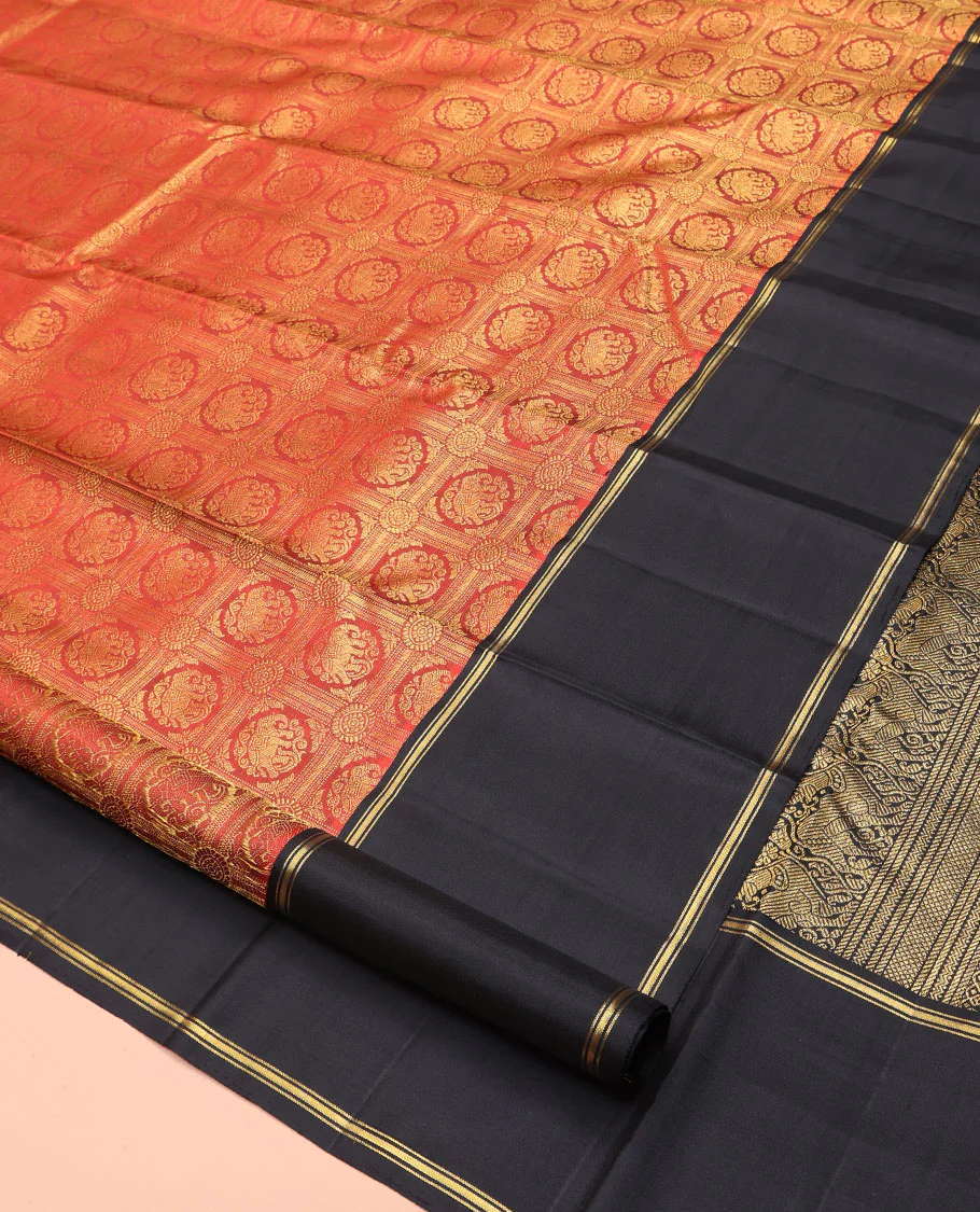 Red Kanchipuram Designer Silk Saree, Gracefully Embellished with Elephant Enclosed Checks On Its Body, Complemented by Contrast Rettai Pettu Zari Striped Border, Grand Jaal Pallu and Paired with a Contrast Blouse - Image 2