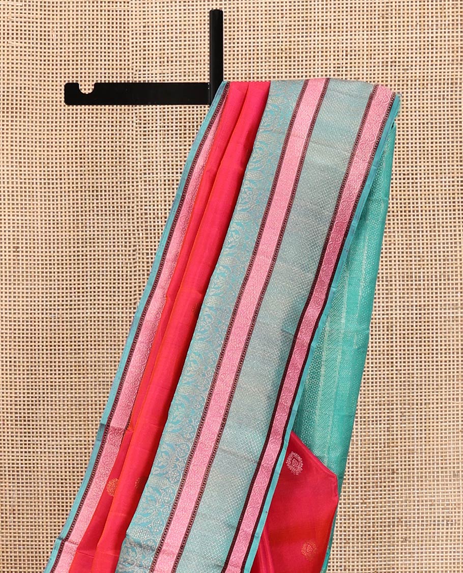 Red Kanchipuram Designer Silk Saree, Subtly Adorned with Buttas All Over Its Body, Complemented by a Captivating Contrast Border of Mughal-Style Designs, Geometric-Patterned Zari-Woven Pallu, and Paired with a Contrast Blouse - Image 3