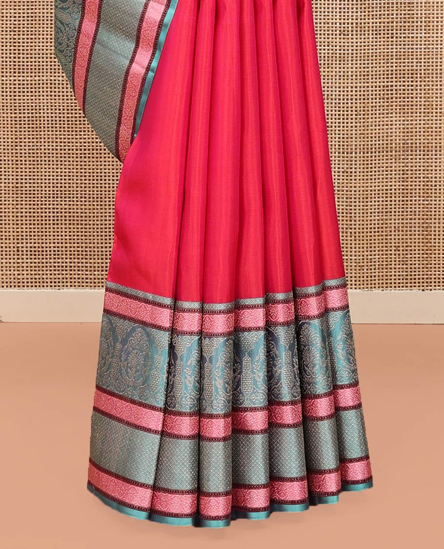 Red Kanchipuram Designer Silk Saree, Subtly Adorned with Buttas All Over Its Body, Complemented by a Captivating Contrast Border of Mughal-Style Designs, Geometric-Patterned Zari-Woven Pallu, and Paired with a Contrast Blouse - Image 4