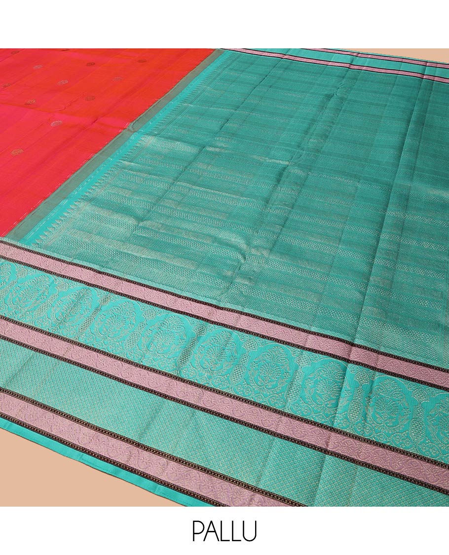 Red Kanchipuram Designer Silk Saree, Subtly Adorned with Buttas All Over Its Body, Complemented by a Captivating Contrast Border of Mughal-Style Designs, Geometric-Patterned Zari-Woven Pallu, and Paired with a Contrast Blouse - Image 5