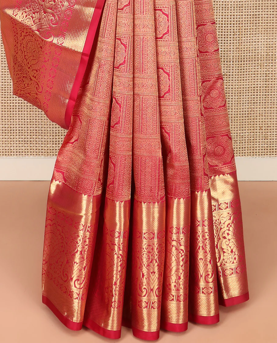 Red Kanchipuram Silk Saree Artfully Detailed with Jacquard Design, Highlighted with Zari Border of Thilakam, Muthu, Mayil Kann, Diamond, and Kamalam Designs, Gracefully Embellished Pallu, and Paired with a Matching Blouse - Image 4