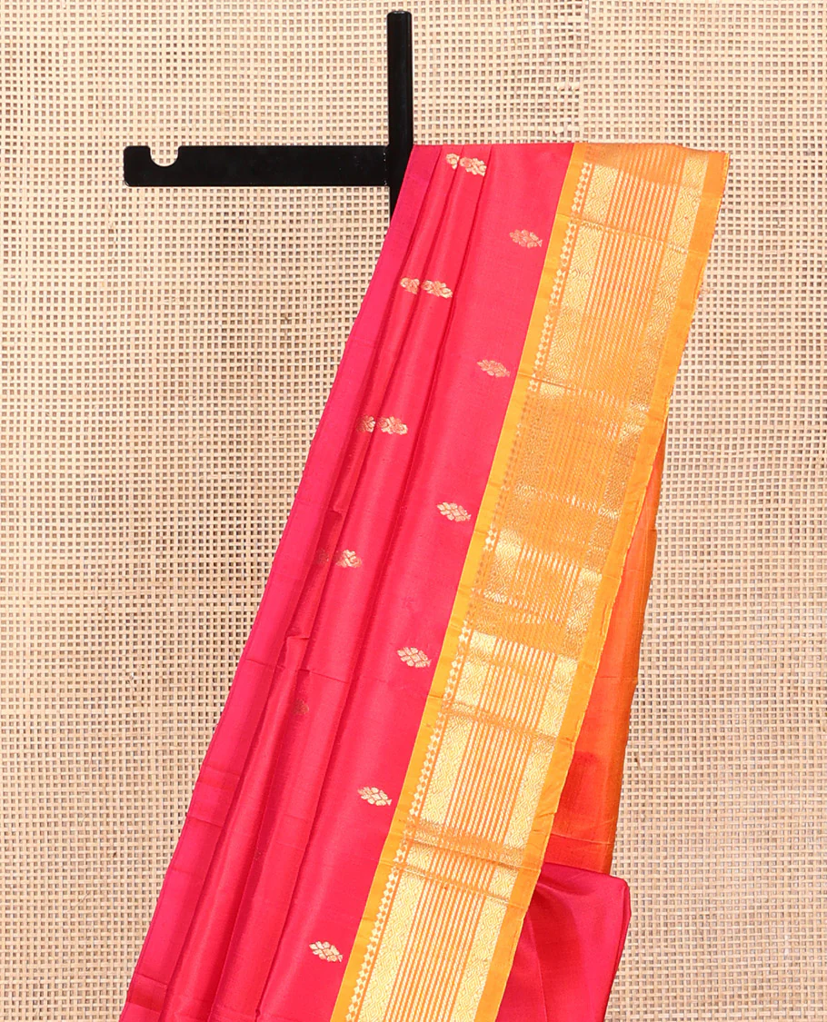 Red Kanchipuram Silk Saree, Decked Up with Buttas, a Contrast One-Sided Traditional Zari Border, Zari-Woven Pallu, and No Blouse - Image 3