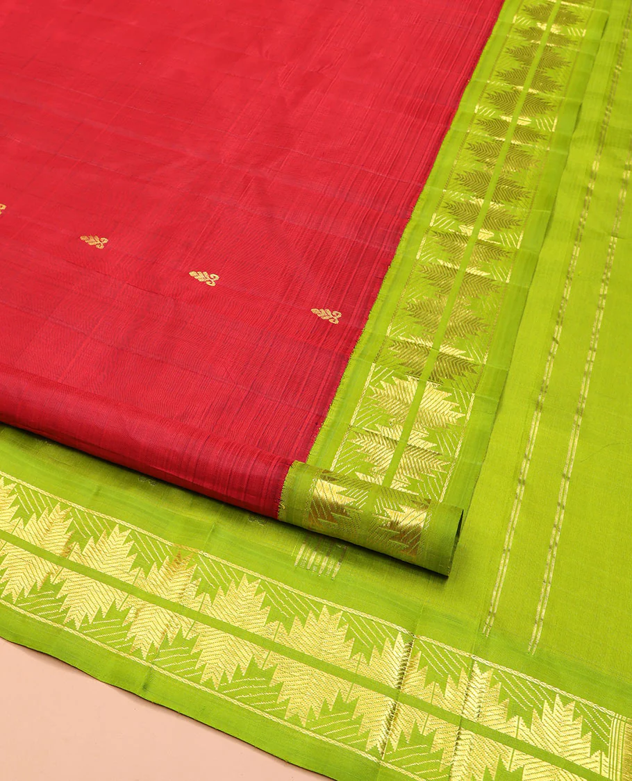 Red Kanchipuram Silk Saree, Detailed with Zari Buttas on Its Body, Complemented by a Contrast One-Sided Korvai Border of Thazampoo Rekku Designs, Pallu Depicts Zari Designs, and Comes Without a Blouse - Image 2