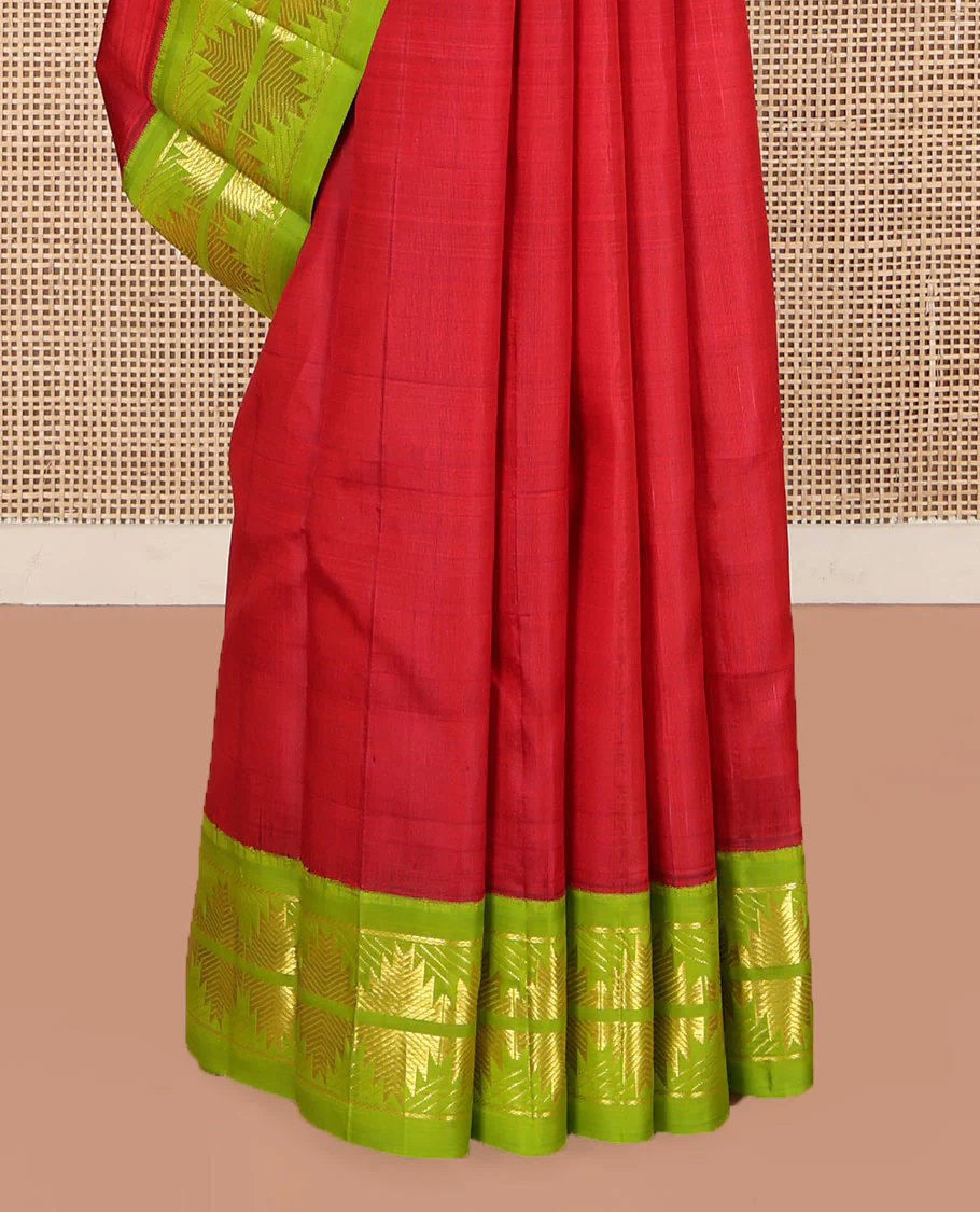 Red Kanchipuram Silk Saree, Detailed with Zari Buttas on Its Body, Complemented by a Contrast One-Sided Korvai Border of Thazampoo Rekku Designs, Pallu Depicts Zari Designs, and Comes Without a Blouse - Image 4