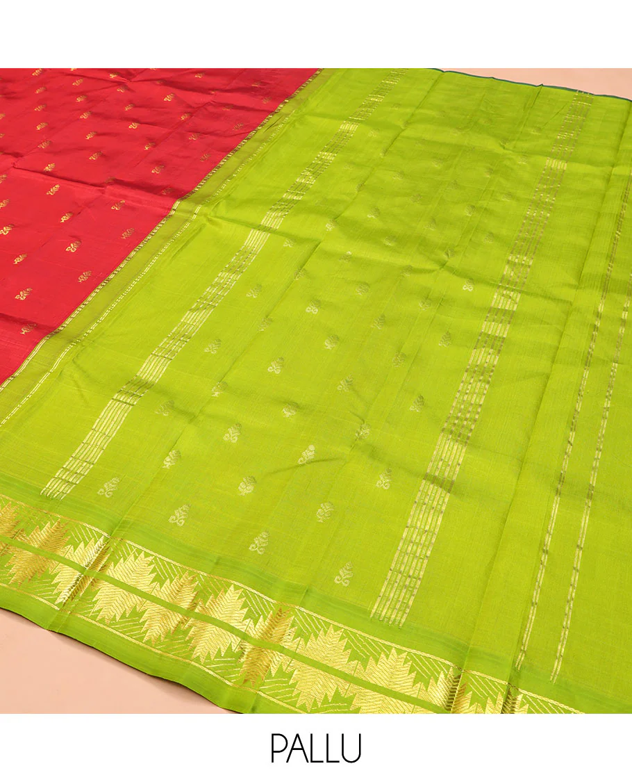 Red Kanchipuram Silk Saree, Detailed with Zari Buttas on Its Body, Complemented by a Contrast One-Sided Korvai Border of Thazampoo Rekku Designs, Pallu Depicts Zari Designs, and Comes Without a Blouse - Image 5