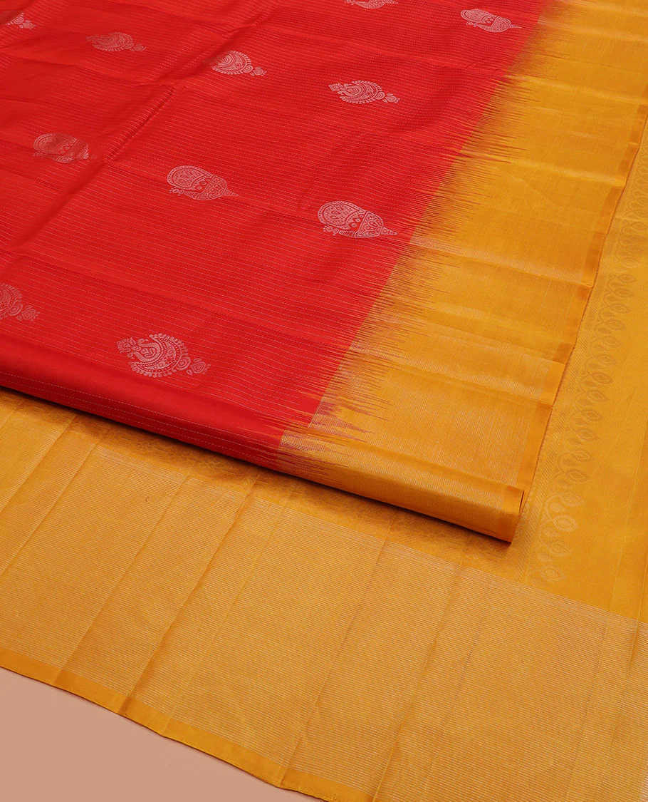 Red Kanchipuram Silk Saree Enriched with Zari Buttas on Its Body, Complemented by a Contrast Border, Captivating Pallu of Sparsely Woven Designs, and Paired with a Contrast Blouse - Image 2