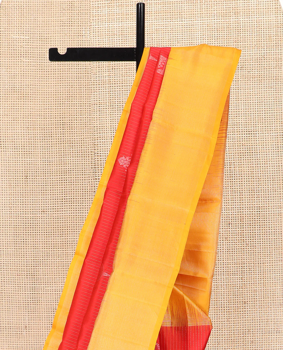 Red Kanchipuram Silk Saree Enriched with Zari Buttas on Its Body, Complemented by a Contrast Border, Captivating Pallu of Sparsely Woven Designs, and Paired with a Contrast Blouse - Image 3