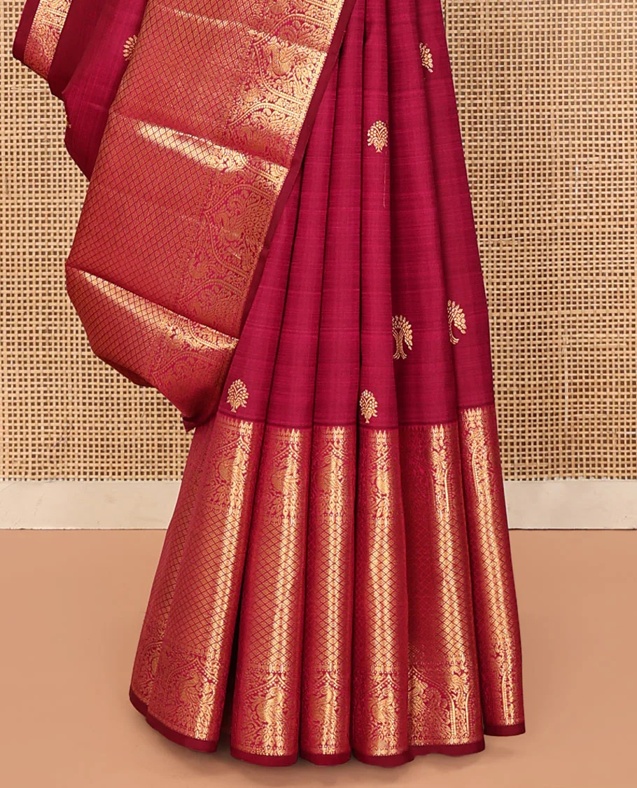 Purple Kanchipuram Silk Saree, Meticulously Crafted with Zari Buttas All Over Its Body, Highlighted by a Zari Border of Rekku, Paisa, Mayil, and Jaal Designs, Pallu of Ogee Patterns, and Paired with a Matching Blouse - Image 4