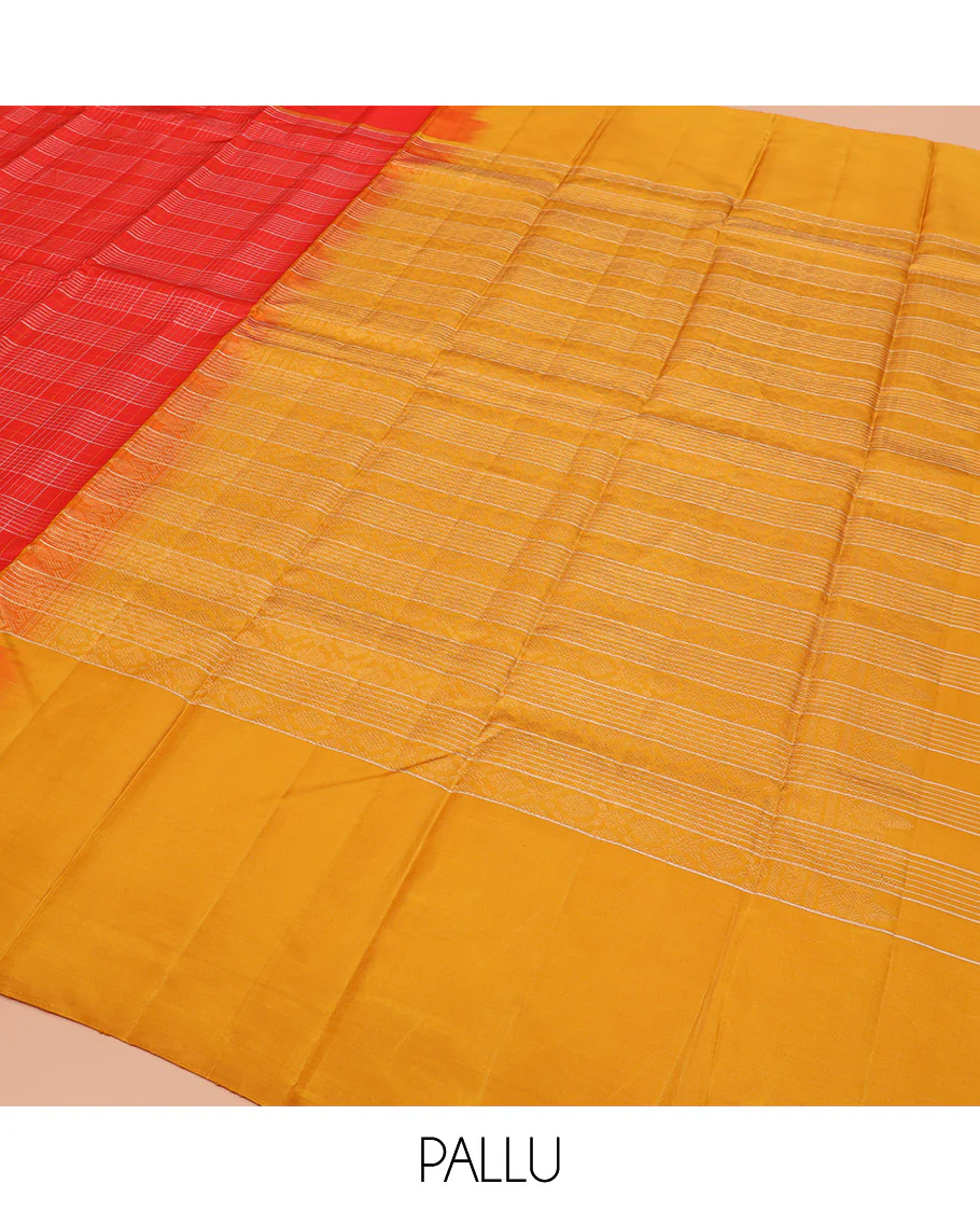 Red Kanchipuram Silk Saree, Scintillated with Zari Checks All Over Its Body, Highlighted by Self-Border of Iruthalai Pakshi Designs, Complemented by Contrast Striped Pallu, and Paired with a Contrast Blouse - Image 6