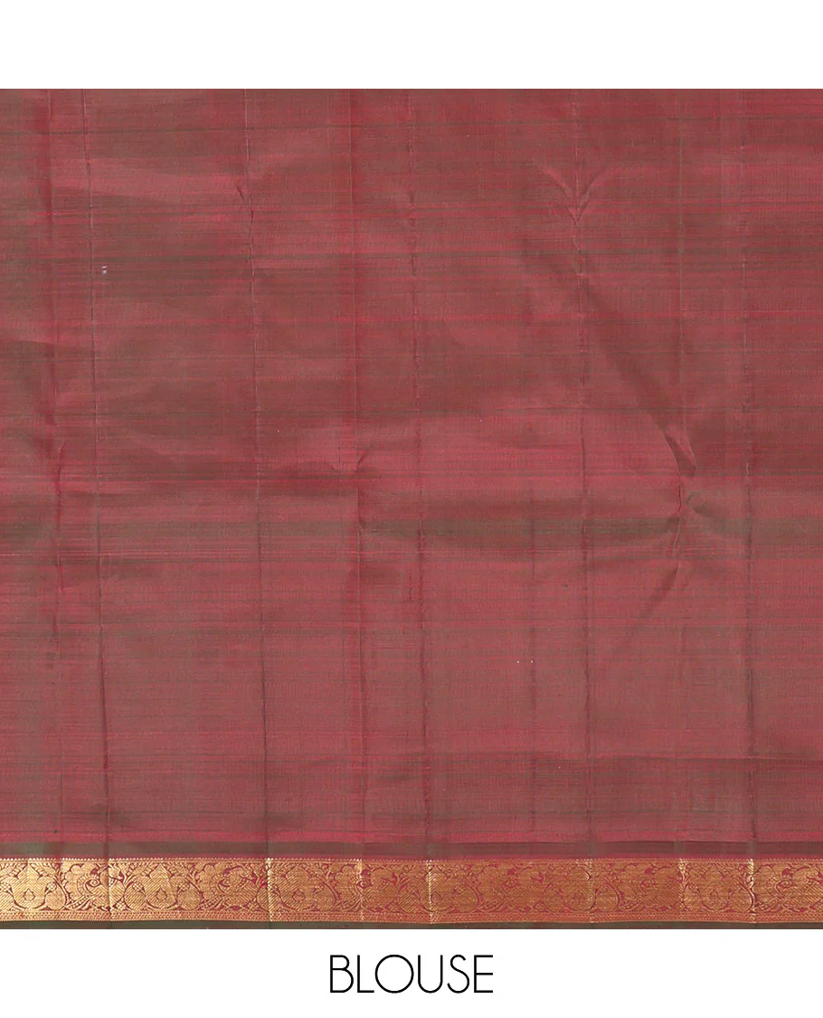 Red Kanchipuram Silk Saree, Woven with Zari Buttas All Over Its Body, Complemented by a Contrast Border of Mayil Designs, Intricately Designed Pallu, and Paired with a Contrast Blouse - Image 6