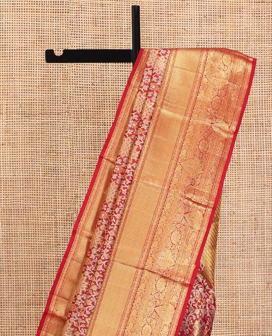 Red Kanchipuram Tissue Silk Saree, Gracefully Embellished with Jacquard Designs on Its Body, Highlighted by a Zari Border of Traditional Designs, Intricately Designed Pallu, and Paired with a Matching Blouse - Image 3