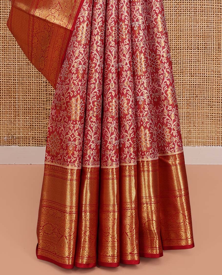 Red Kanchipuram Tissue Silk Saree, Gracefully Embellished with Jacquard Designs on Its Body, Highlighted by a Zari Border of Traditional Designs, Intricately Designed Pallu, and Paired with a Matching Blouse - Image 4