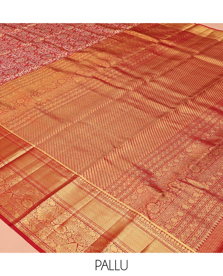 Red Kanchipuram Tissue Silk Saree, Gracefully Embellished with Jacquard Designs on Its Body, Highlighted by a Zari Border of Traditional Designs, Intricately Designed Pallu, and Paired with a Matching Blouse - Image 5