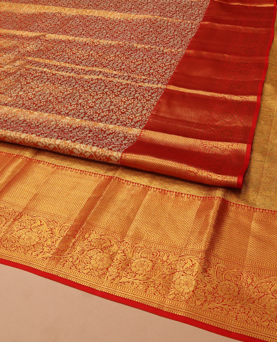 Red Kanchipuram Tissue Silk Saree, Richly Detailed with Floral Jaal Jacquard Design On Its Body, Highlighted by Zari Border of Thilakam Mokku, Muthu, Mayil Kann, and Kodi Visiry Designs, Grand Jaal Pallu, and Paired with a Matching Blouse - Image 2