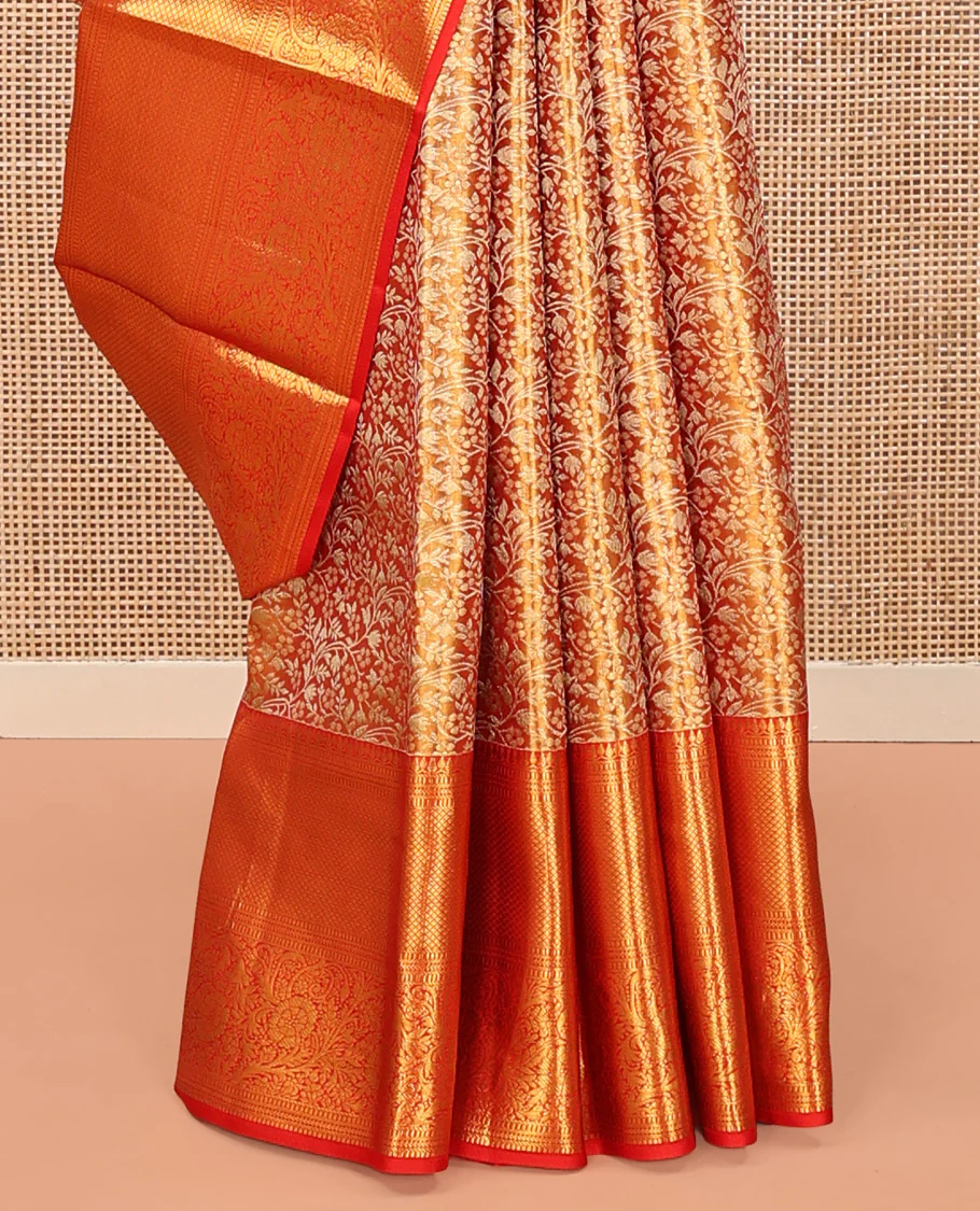 Red Kanchipuram Tissue Silk Saree, Richly Detailed with Floral Jaal Jacquard Design On Its Body, Highlighted by Zari Border of Thilakam Mokku, Muthu, Mayil Kann, and Kodi Visiry Designs, Grand Jaal Pallu, and Paired with a Matching Blouse - Image 4