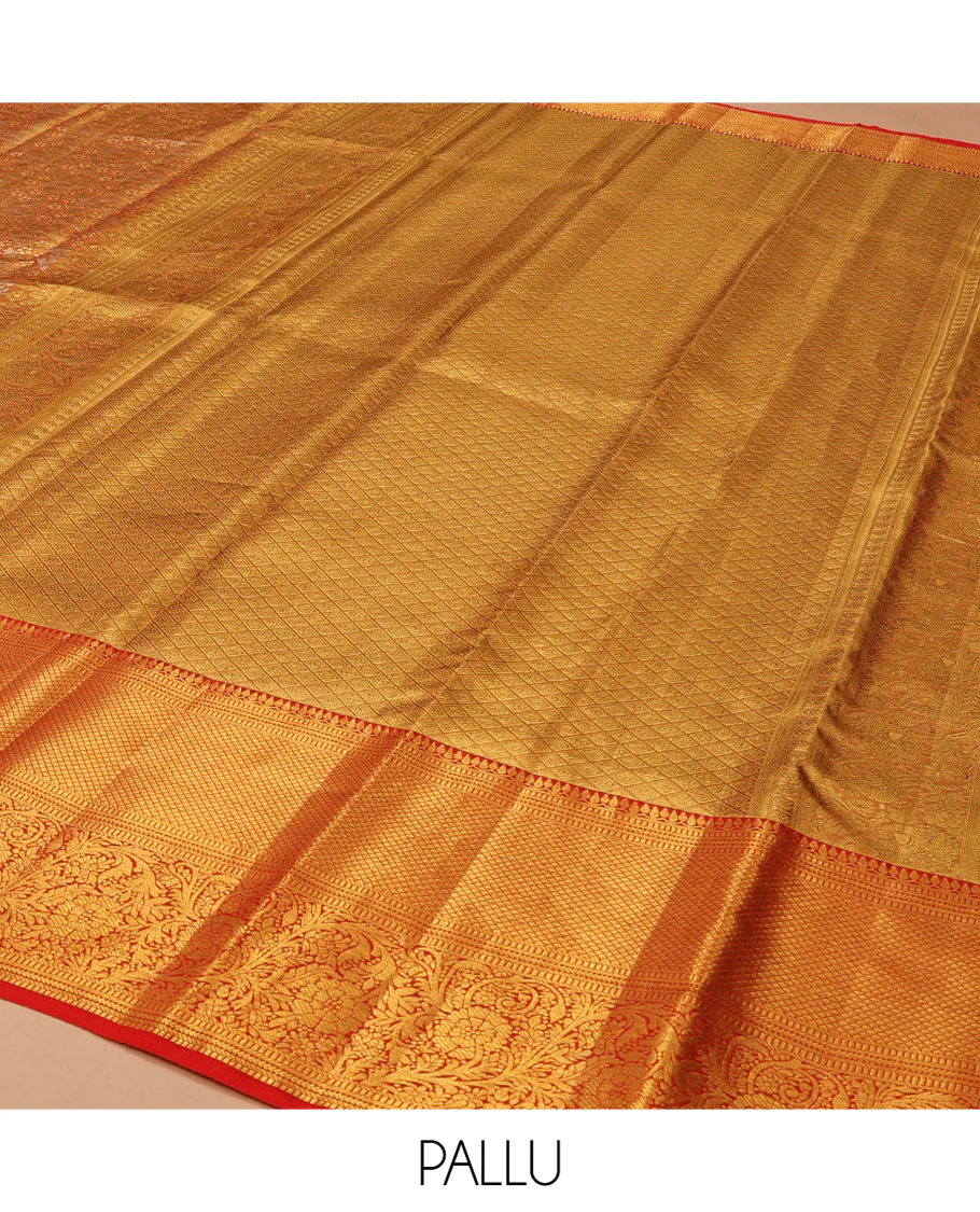 Red Kanchipuram Tissue Silk Saree, Richly Detailed with Floral Jaal Jacquard Design On Its Body, Highlighted by Zari Border of Thilakam Mokku, Muthu, Mayil Kann, and Kodi Visiry Designs, Grand Jaal Pallu, and Paired with a Matching Blouse - Image 5