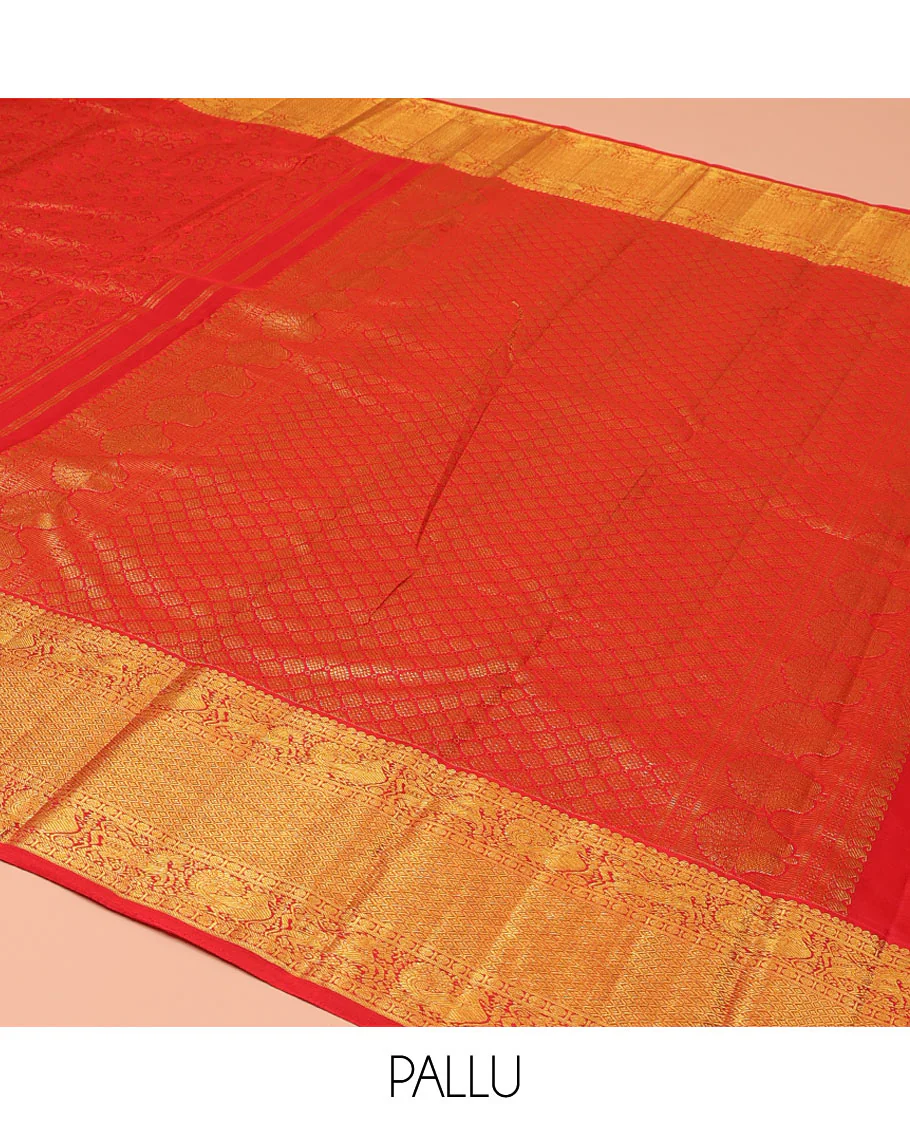 Red Kanchipuram Wedding Silk Saree, Beautifully Bedecked with Floral Jacquard Design on Its Body, Highlighted by a Zari Border of Salngai, Rudraksham, Mayil, Kuthirai, and Jaal Designs, Grand Jaal Pallu, and Paired with a Matching Blouse - Image 5