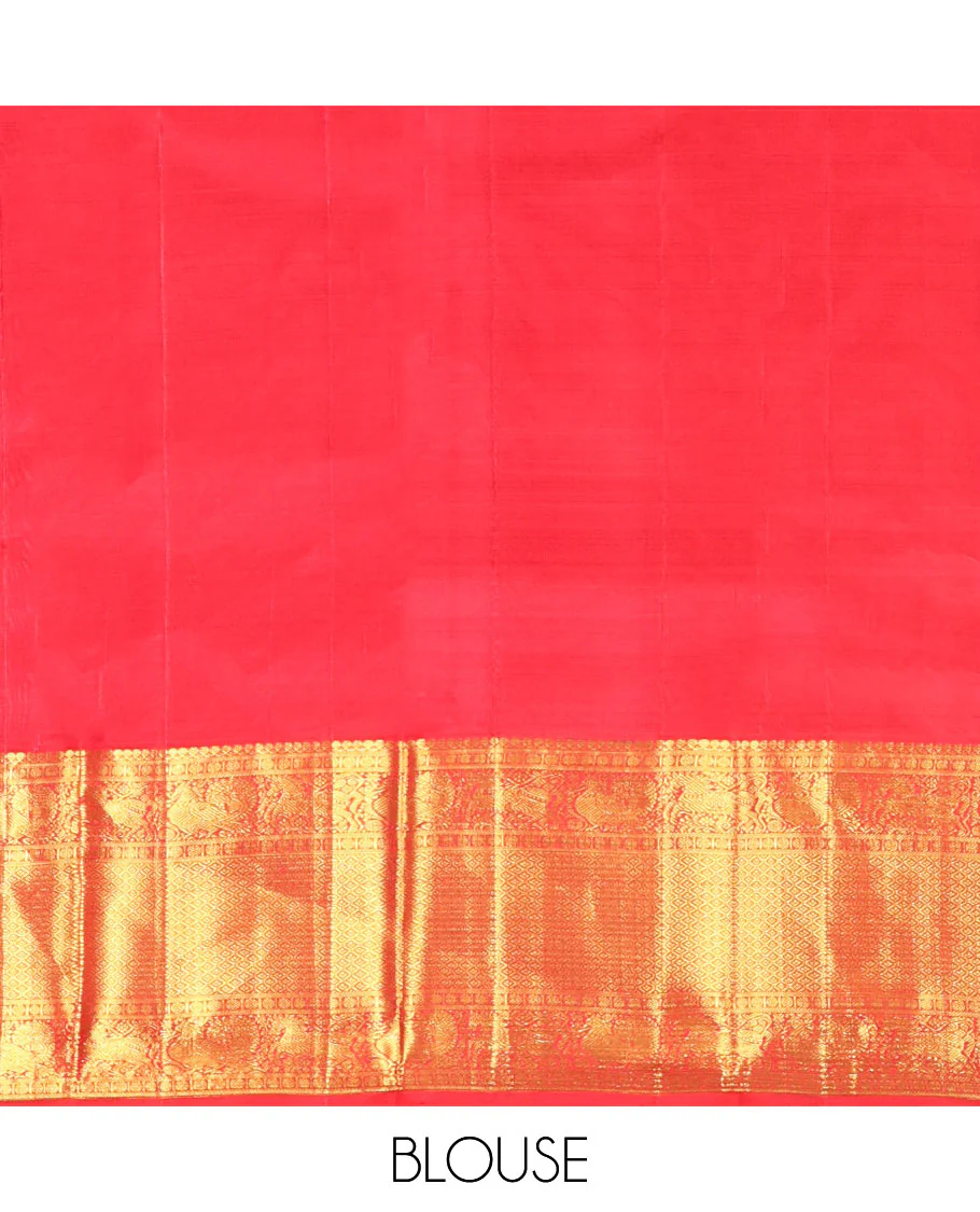 Red Kanchipuram Wedding Silk Saree, Beautifully Bedecked with Floral Jacquard Design on Its Body, Highlighted by a Zari Border of Salngai, Rudraksham, Mayil, Kuthirai, and Jaal Designs, Grand Jaal Pallu, and Paired with a Matching Blouse - Image 6