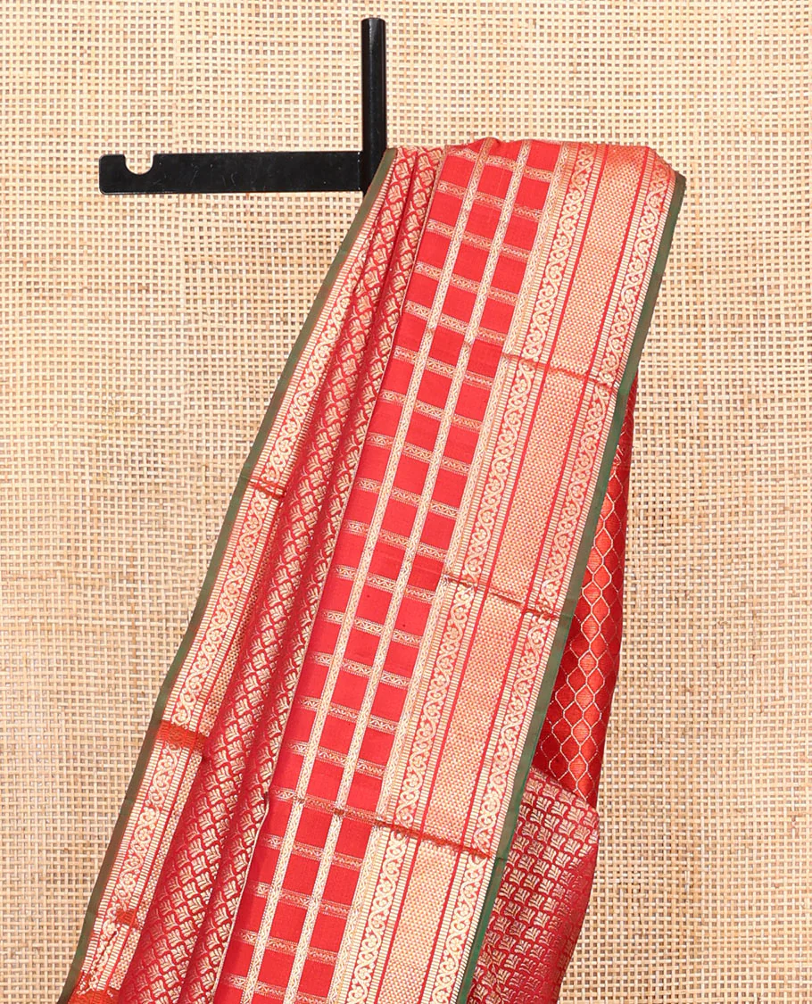 Red Kanchipuram Wedding Silk Saree, Delicately Woven with Jacquard Design on Its Body, Highlighted by Zari Border of Annam, Chakram, Neli, Muthu, Kodi Visiry, and Ara Maadam Designs, Grand Pallu of Vanki Designs, and Paired with a Contrast Blouse - Image 3