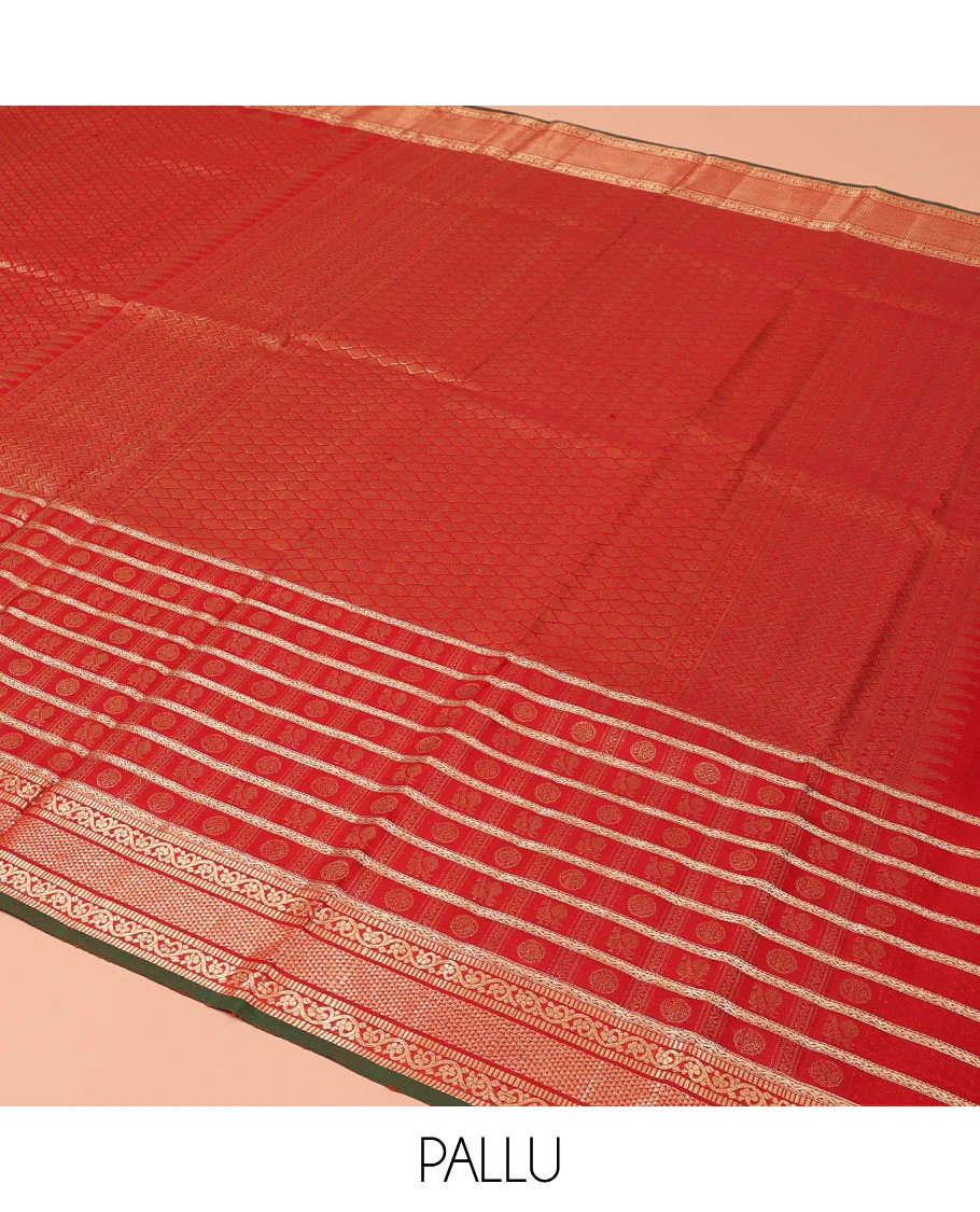 Red Kanchipuram Wedding Silk Saree, Delicately Woven with Jacquard Design on Its Body, Highlighted by Zari Border of Annam, Chakram, Neli, Muthu, Kodi Visiry, and Ara Maadam Designs, Grand Pallu of Vanki Designs, and Paired with a Contrast Blouse - Image 5