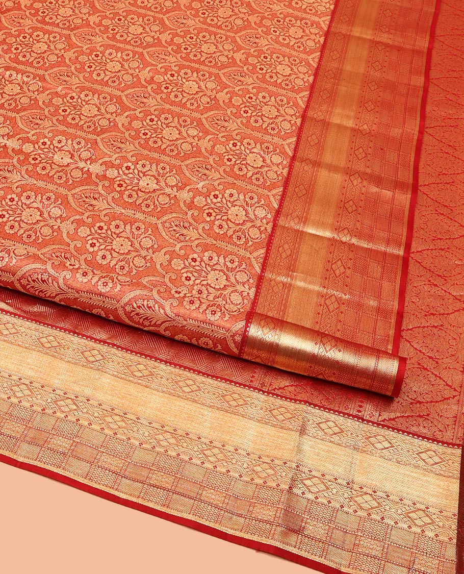 Red Kanchipuram Wedding Silk Saree, Enriched with Jacquard Designs on Its Body, Highlighted by Zari Border of Rekku, Diamond, and Mayil Kann Designs, Pallu of Intricate Designs, and Paired with a Matching Blouse - Image 2