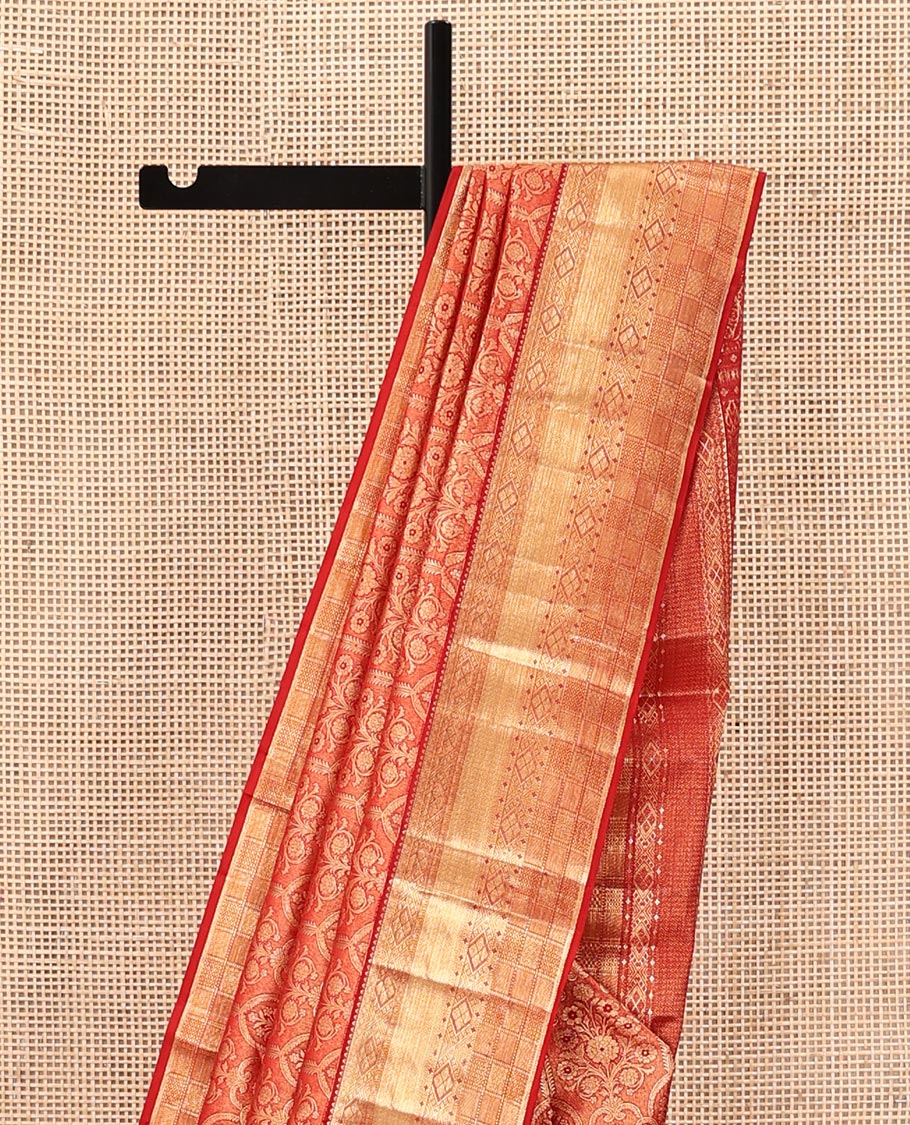 Red Kanchipuram Wedding Silk Saree, Enriched with Jacquard Designs on Its Body, Highlighted by Zari Border of Rekku, Diamond, and Mayil Kann Designs, Pallu of Intricate Designs, and Paired with a Matching Blouse - Image 3