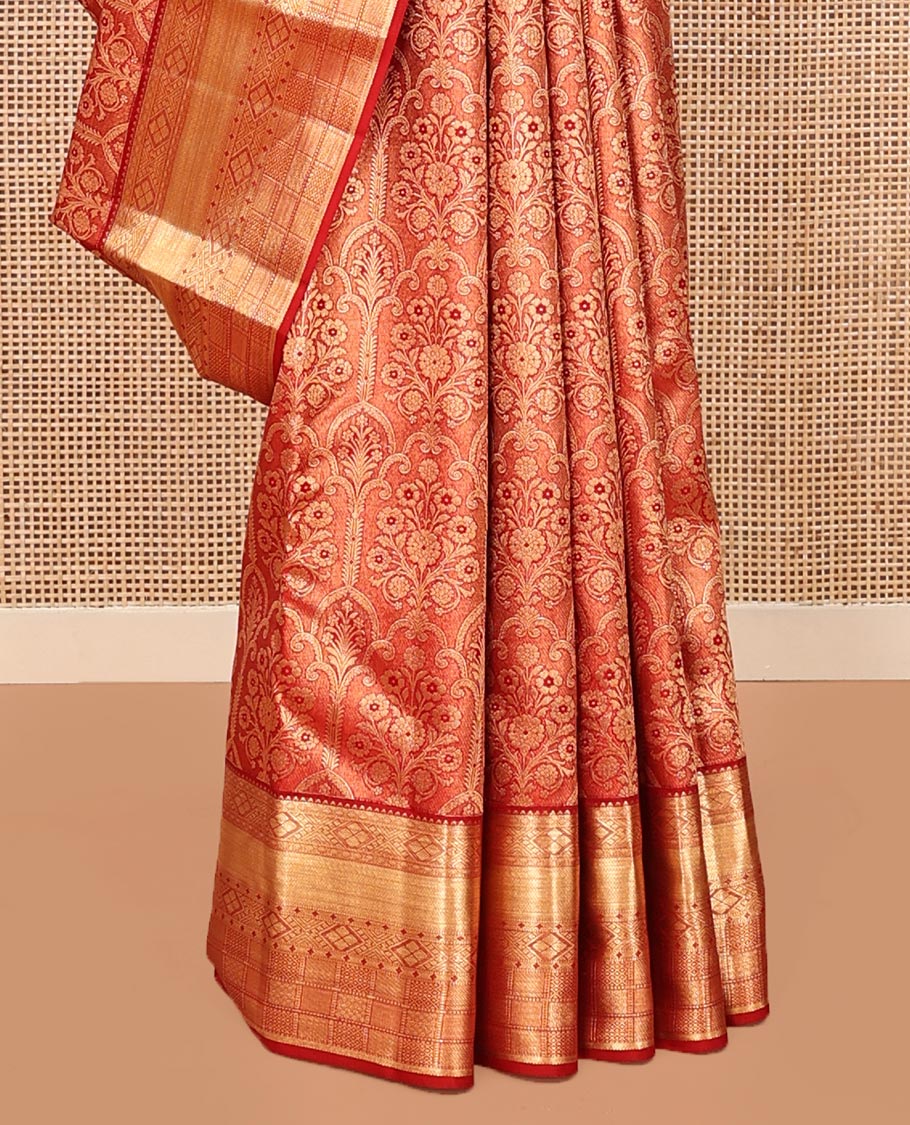 Red Kanchipuram Wedding Silk Saree, Enriched with Jacquard Designs on Its Body, Highlighted by Zari Border of Rekku, Diamond, and Mayil Kann Designs, Pallu of Intricate Designs, and Paired with a Matching Blouse - Image 4