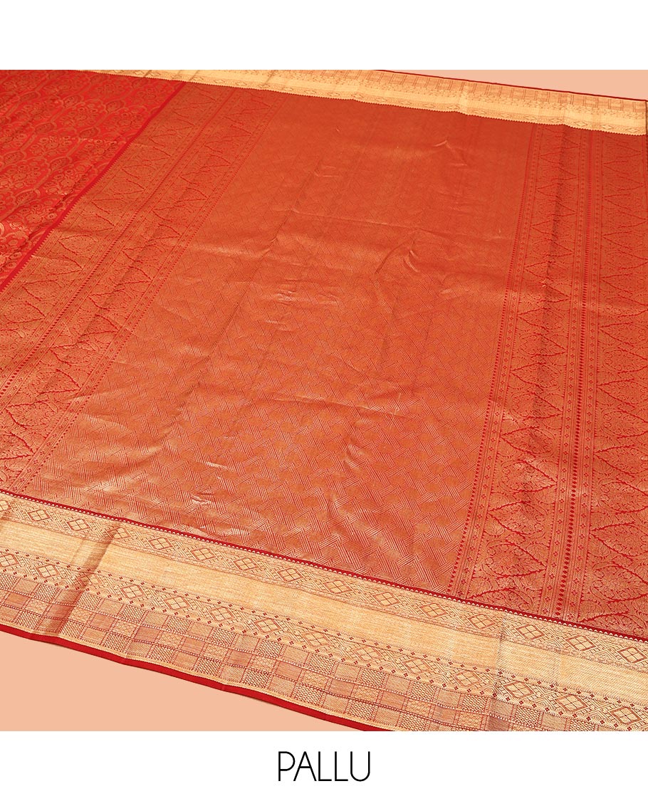 Red Kanchipuram Wedding Silk Saree, Enriched with Jacquard Designs on Its Body, Highlighted by Zari Border of Rekku, Diamond, and Mayil Kann Designs, Pallu of Intricate Designs, and Paired with a Matching Blouse - Image 5