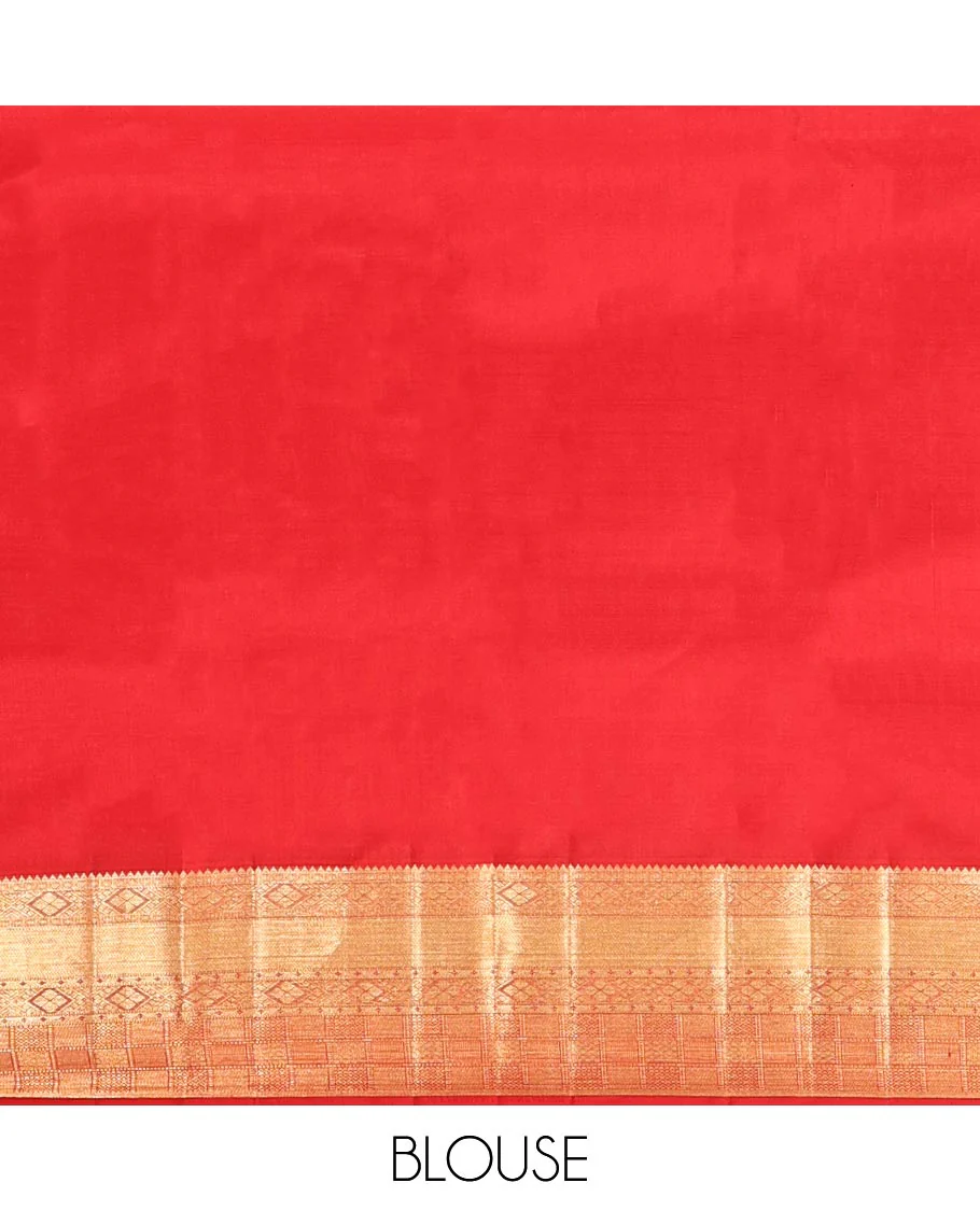 Red Kanchipuram Wedding Silk Saree, Enriched with Jacquard Designs on Its Body, Highlighted by Zari Border of Rekku, Diamond, and Mayil Kann Designs, Pallu of Intricate Designs, and Paired with a Matching Blouse - Image 6