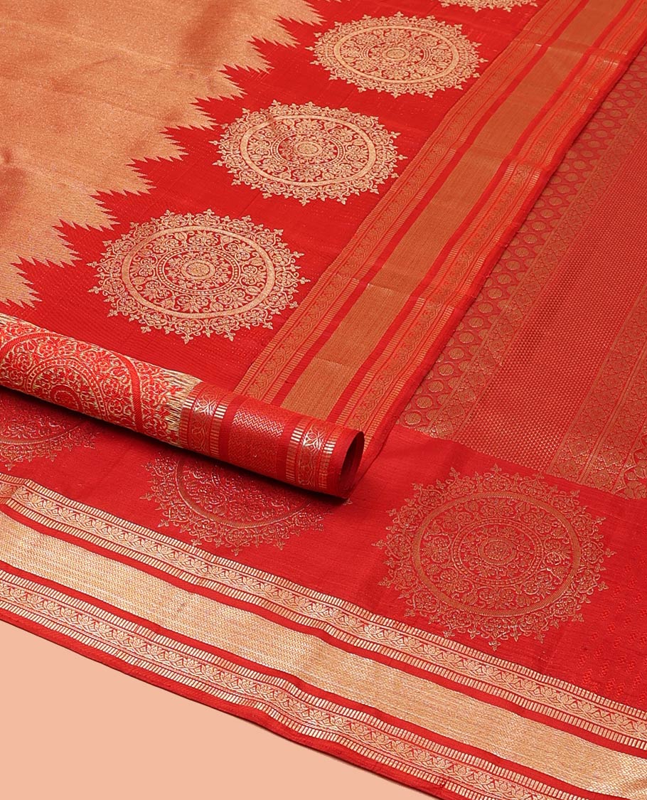 Red Kanchipuram Wedding Silk Saree, Gleamed Up with Zari and Chakram Designs on Its Body, Highlighted by a Zari Border of Muthu, Kamalam, and Vanki Designs, Intricately Designed Pallu, and Paired with a Matching Blouse - Image 2